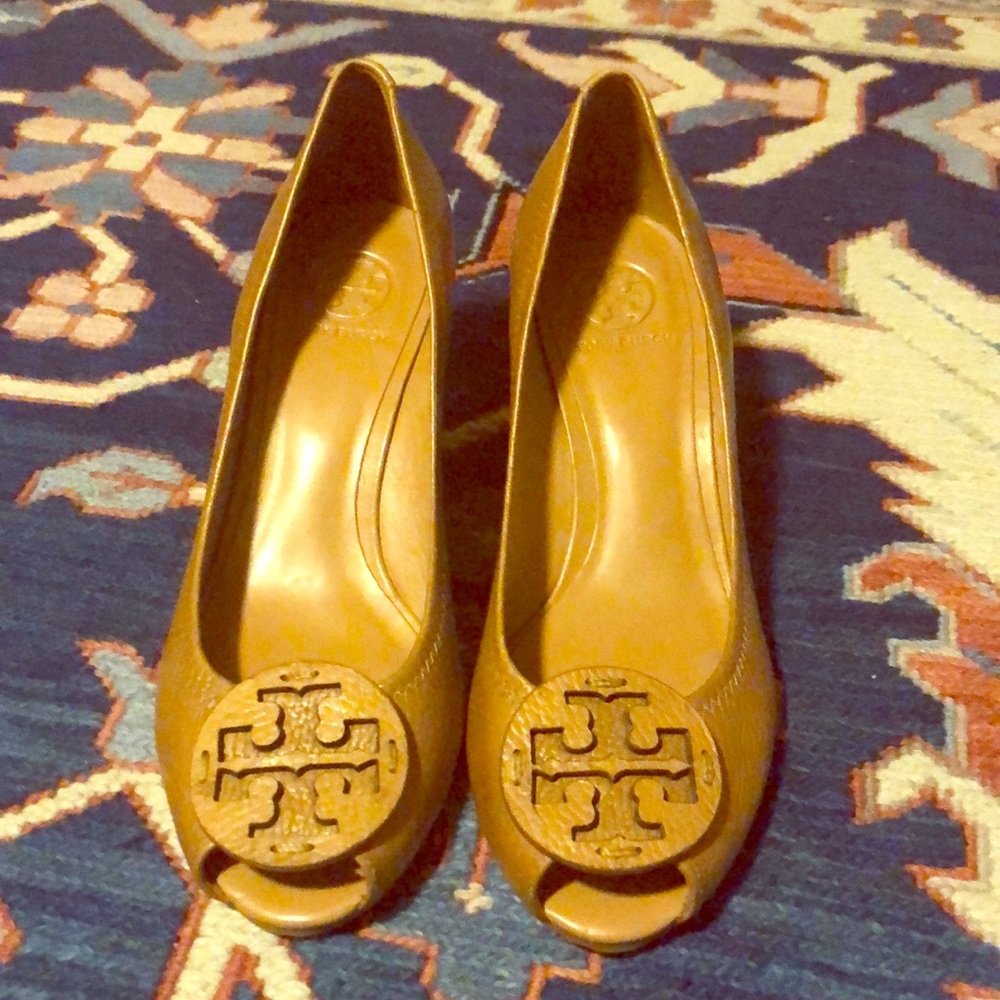 Tory Burch Tan Peep Toe Julianne Wedge - worn once